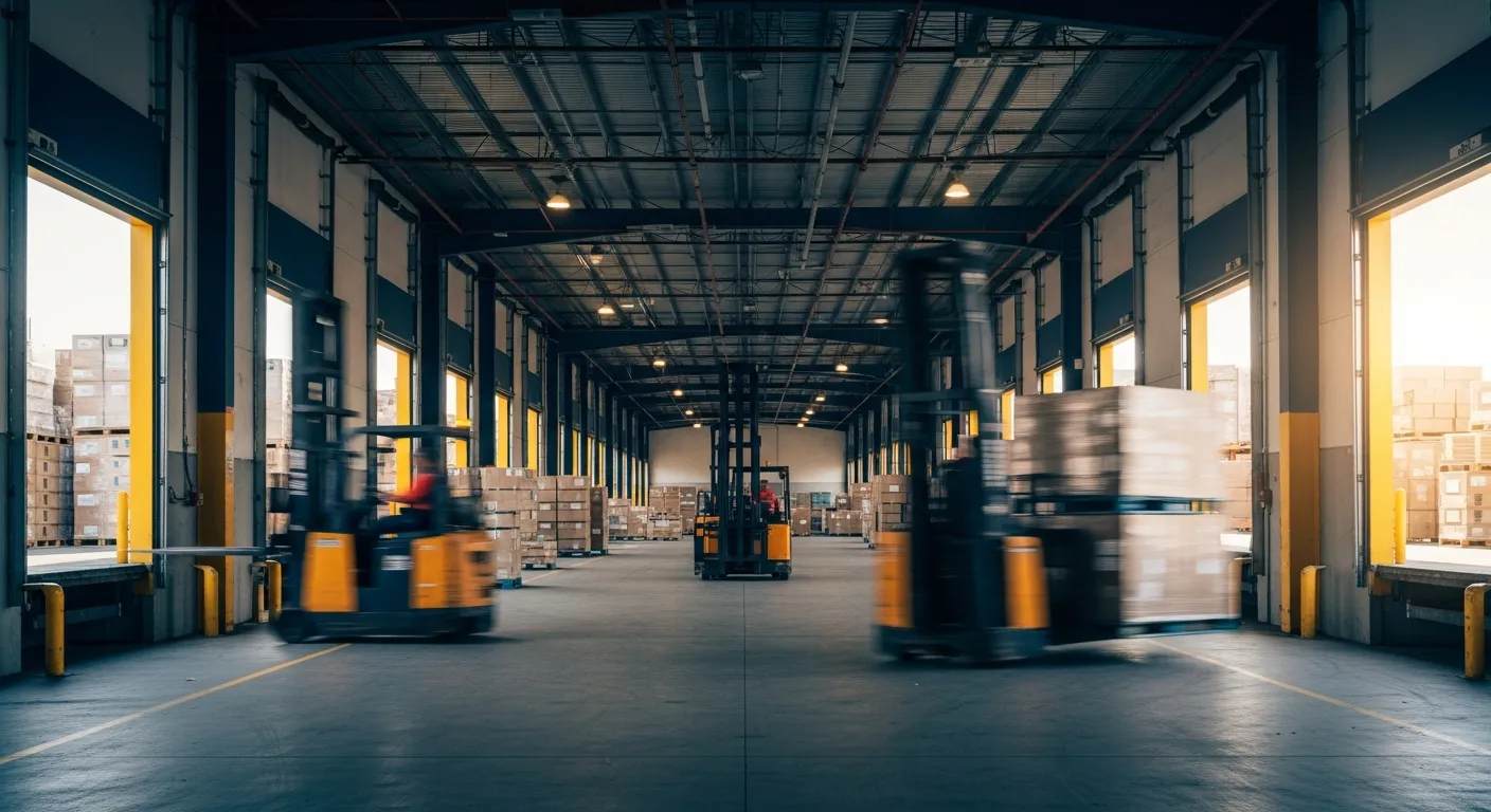 Forklifts move pallets between inbound and outbound loading bays inside a busy cross-dock warehouse with dock doors along both walls