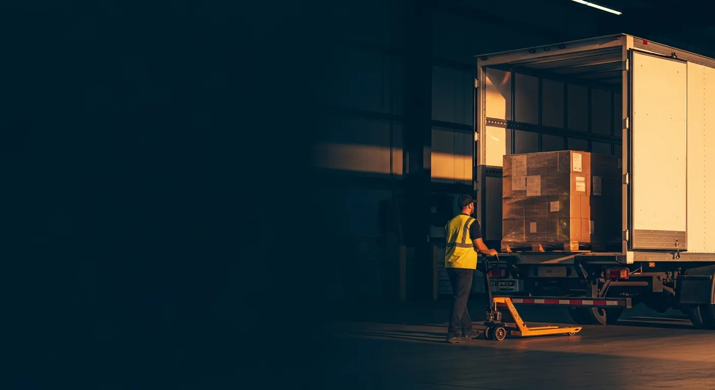 A worker uses a pallet jack to load shrink-wrapped pallets into the back of an enclosed dry-van LTL trailer at a loading dock
