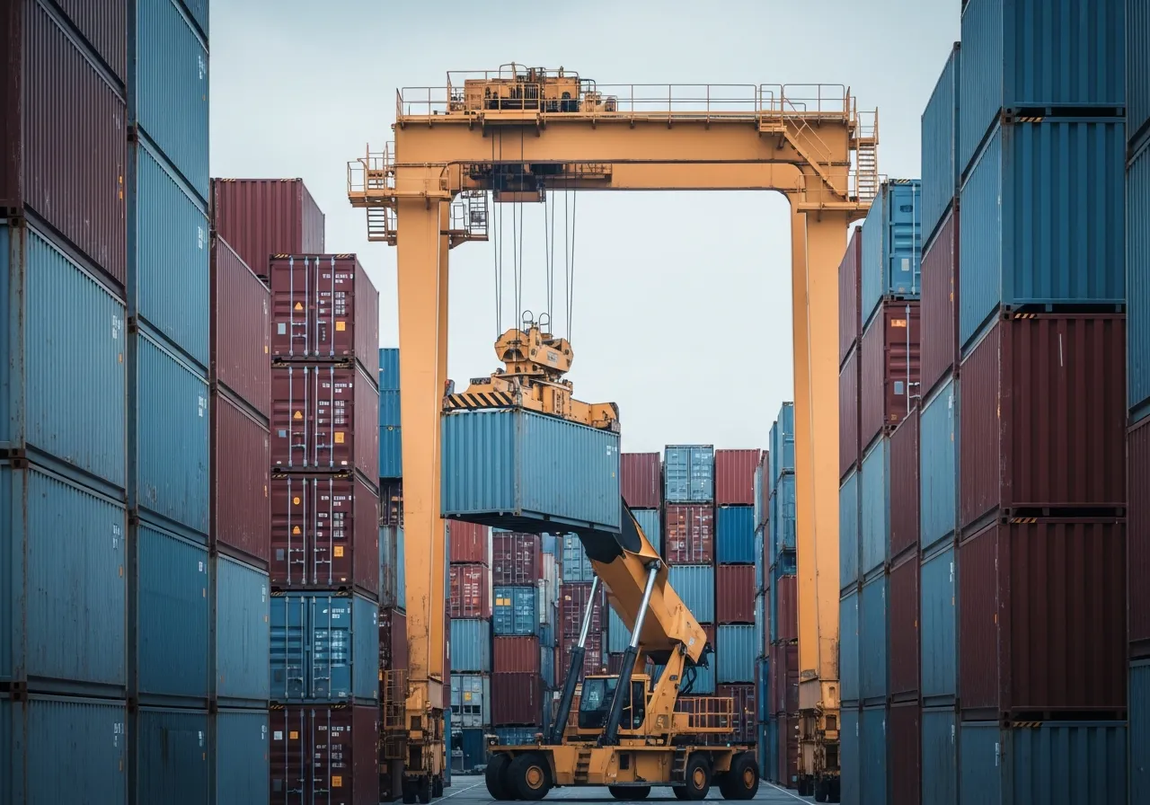Stacked intermodal shipping containers at a port yard with a top-loader crane lifting one container