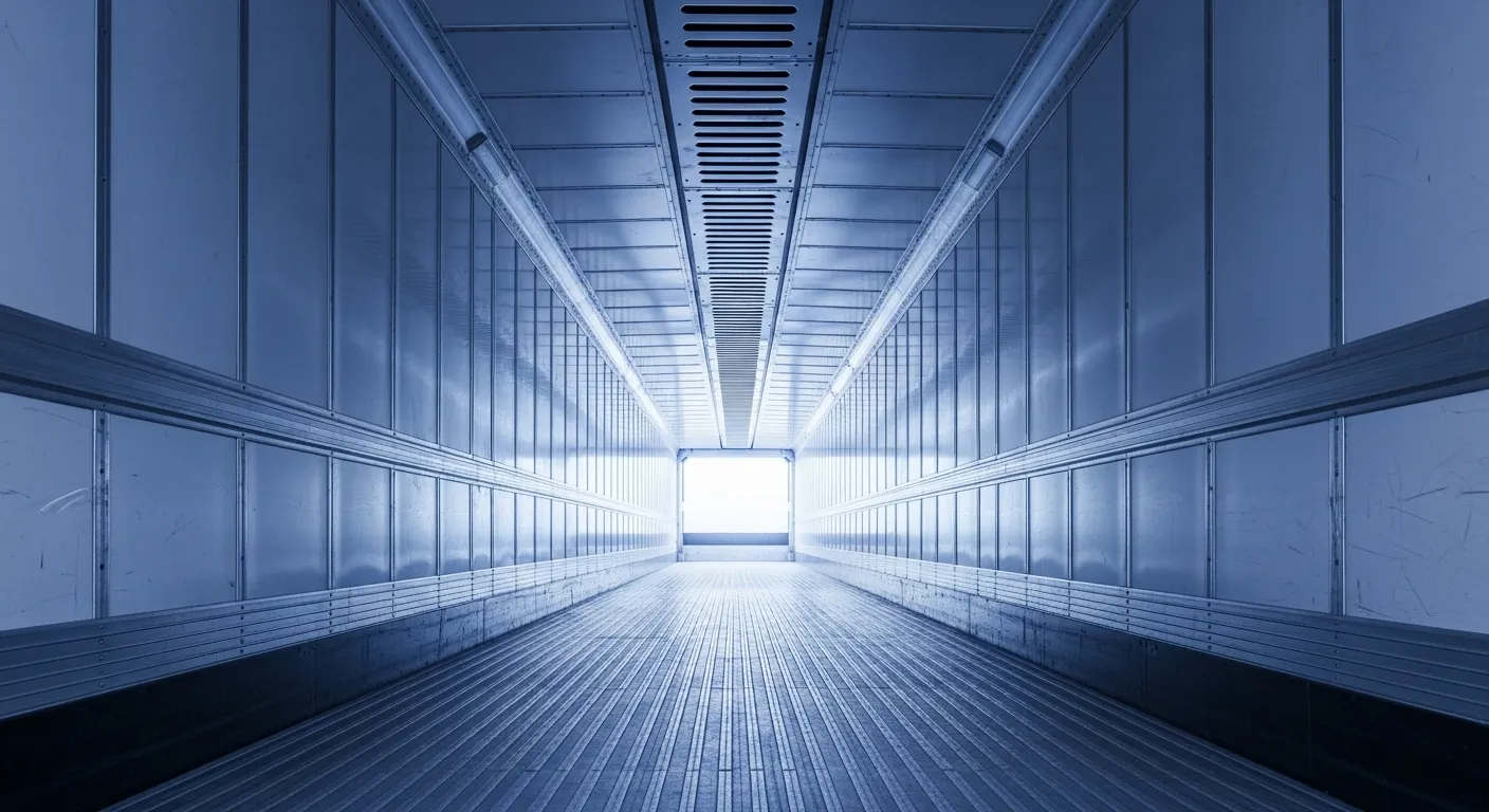 The interior of a clean refrigerated trailer with corrugated aluminum walls and a temperature-control return-air channel along the ceiling