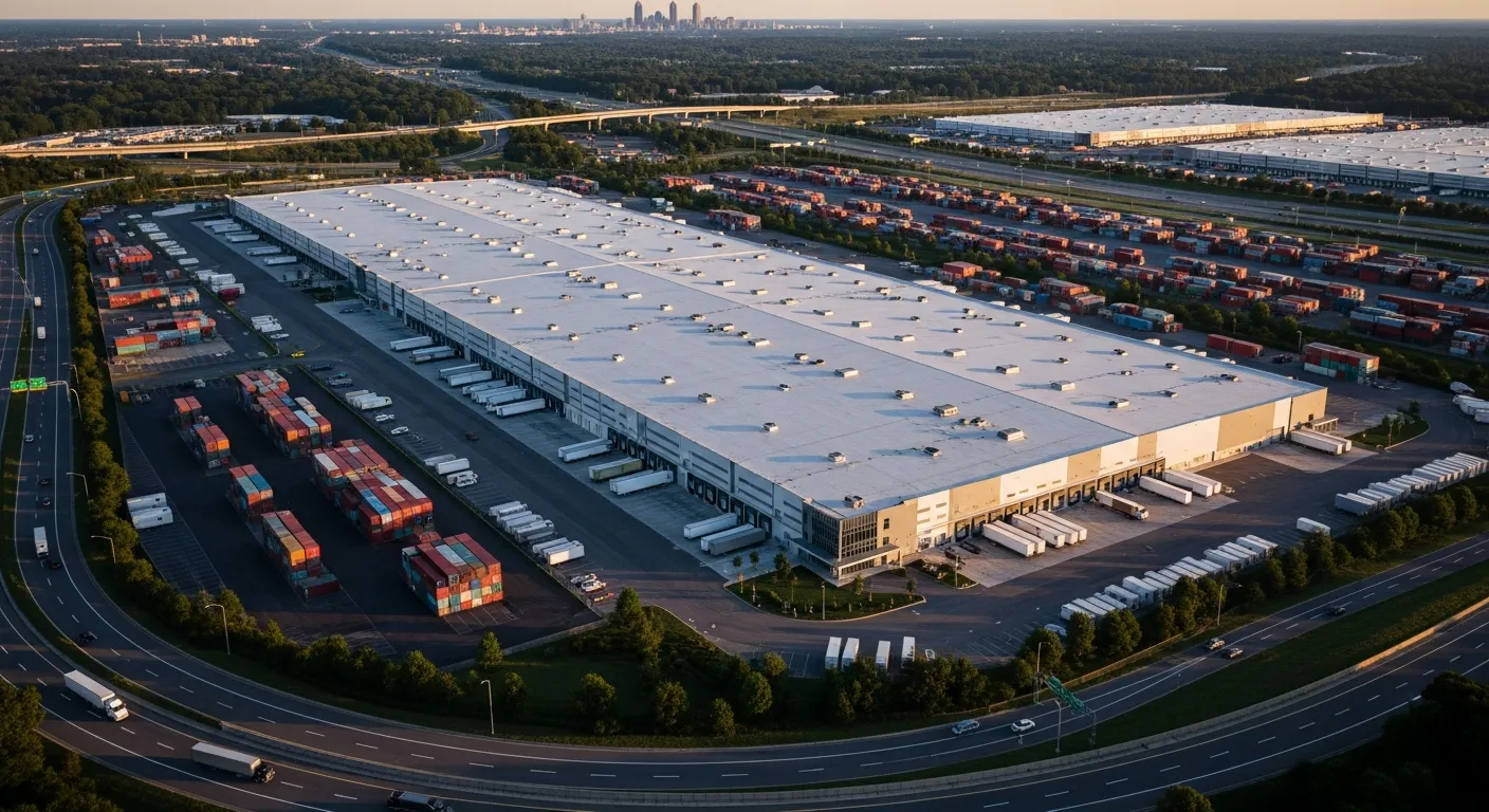 A stylized map showing the location of the RS Group warehouse on the Fulton Industrial corridor in southwest Atlanta, near Hartsfield-Jackson