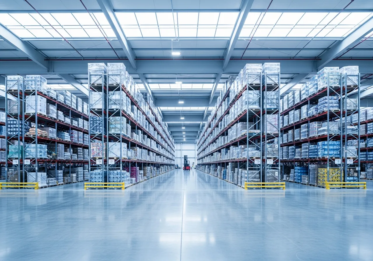 Interior of a large modern distribution warehouse with tall racking and palletized freight